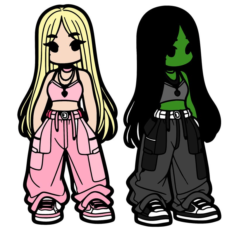 girl in baggy pants crop top and long hair