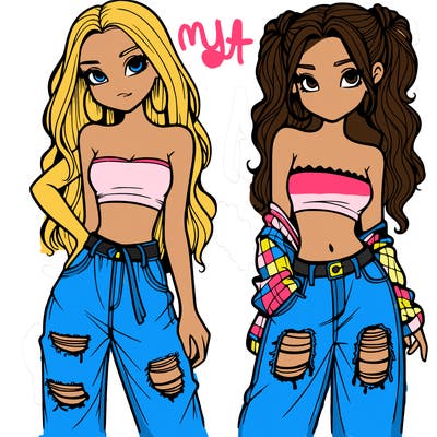 2 girls in crop tops and baggy jeans ripped