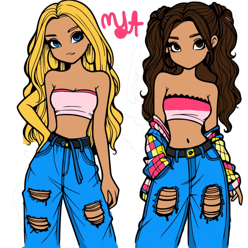 2 girls in crop tops and baggy jeans ripped