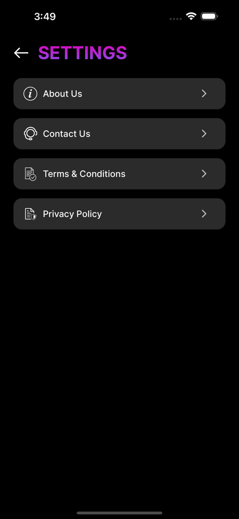 SCN WorldStar - Settings screen of the SCN WorldStar app featuring links to About Us, Contact Us, Terms and Conditions, and Privacy Policy