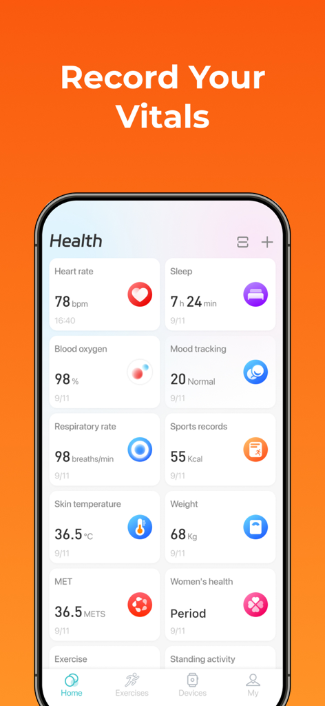 Runmefit - Runmefit app health dashboard showing vitals like heart rate, sleep tracking, and blood oxygen levels