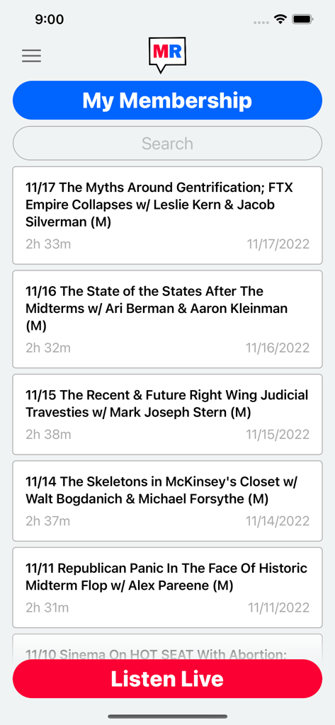 Majority Report - The Majority Report app interface showing a list of member podcast episodes and a search bar.