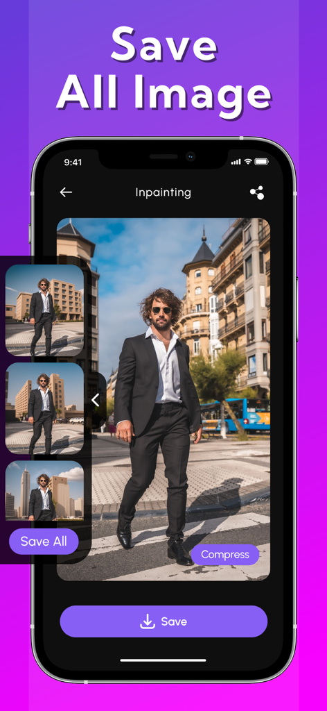 AI Image Extenderアプリの画面。写真のインペインティングと、すべて保存機能が表示されています。