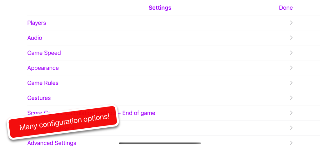 Pinnacola - Schermata delle impostazioni dell'app Pinnacola con opzioni per personalizzare giocatori, audio e regole di gioco