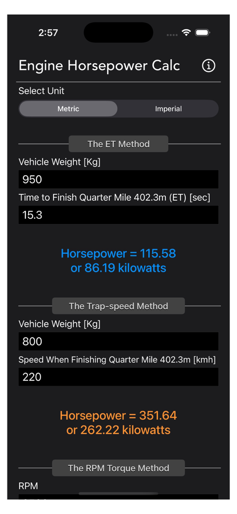 Interface of the Engine Horsepower Calculator app showing calculations for ET and trap speed methods