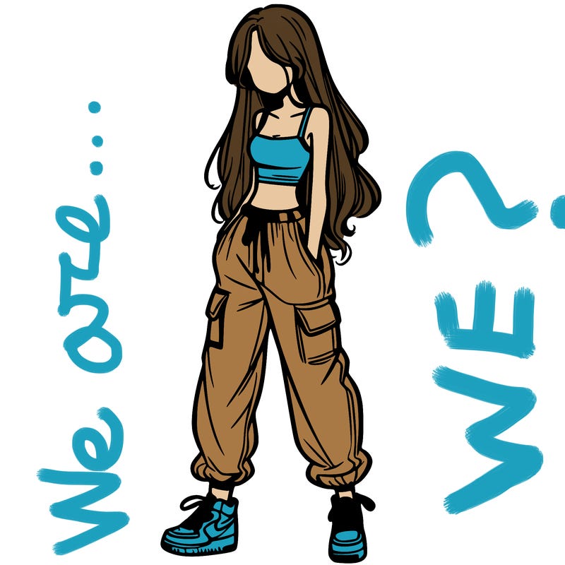 girl in baggy pants crop top and long hair