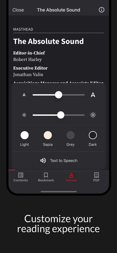Menú de personalización de lectura en la aplicación The Absolute Sound con ajustes de tamaño de fuente y tema de color.