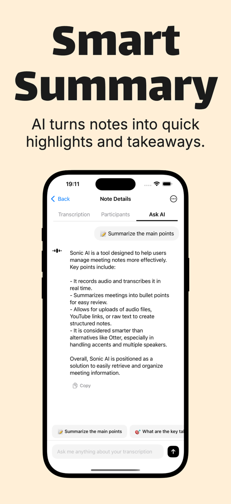 Sonic: Fast AI Transcriber - Interfaz de la aplicación Sonic que muestra resúmenes y puntos destacados generados por IA a partir de notas de audio transcritas