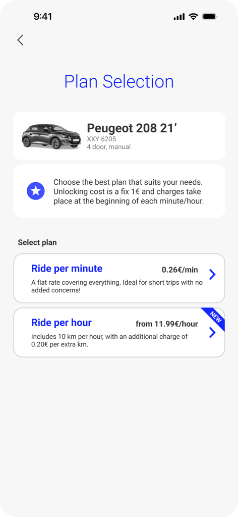 Caroo - Mobile screen of Caroo app showing car rental plans by the minute or hour