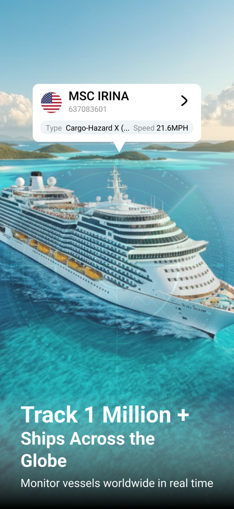 Marine Radar: Ship Tracking - Interfaz de seguimiento de barcos en vivo que muestra un crucero y datos de embarcaciones en tiempo real para MSC IRINA