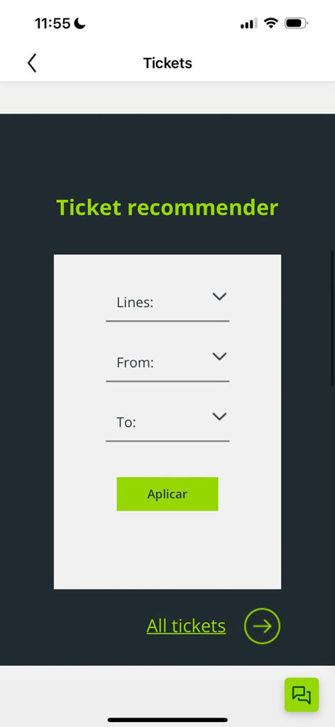 Herramienta recomendadora de billetes de la app de FGC con opciones de selección de ruta
