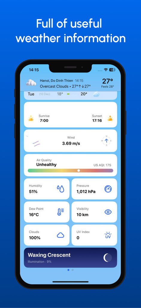 Hi Weather: Temperature Widget - Hi Weather app screen displaying detailed information including temperature, air quality, wind speed, and humidity.