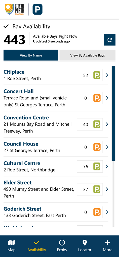 City of Perth Parking - City of Perth Parking app interface showing real-time parking bay availability for various locations like Citiplace and Cultural Centre.