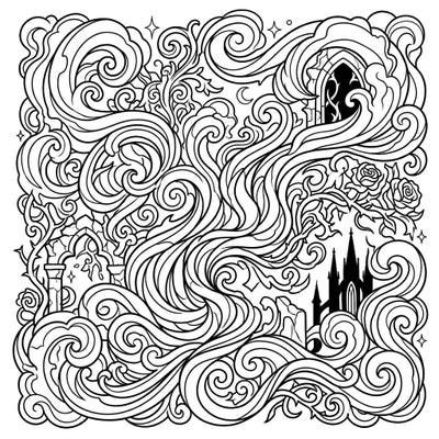 Immerse yourself in the dark allure of this Gothic Mist coloring page, where swirling vapors entwine with ancient architecture and ornate flora. Discover a world of melancholic elegance, perfect for a deeply engaging and atmospheric coloring experience.
