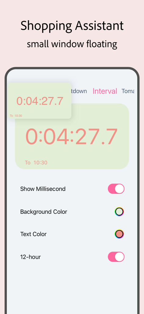 Top Clock - Floating Clock - Top Clock app interface showing a floating millisecond timer window for shopping assistance