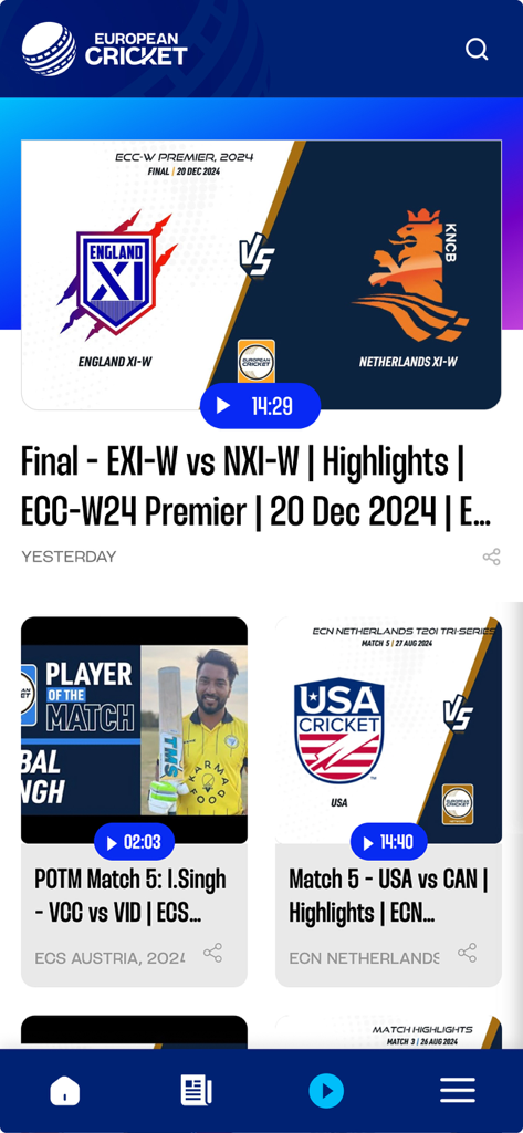 European Cricket Network - L'interfaccia dell'app European Cricket Network che visualizza highlight delle partite di cricket e statistiche dei giocatori.