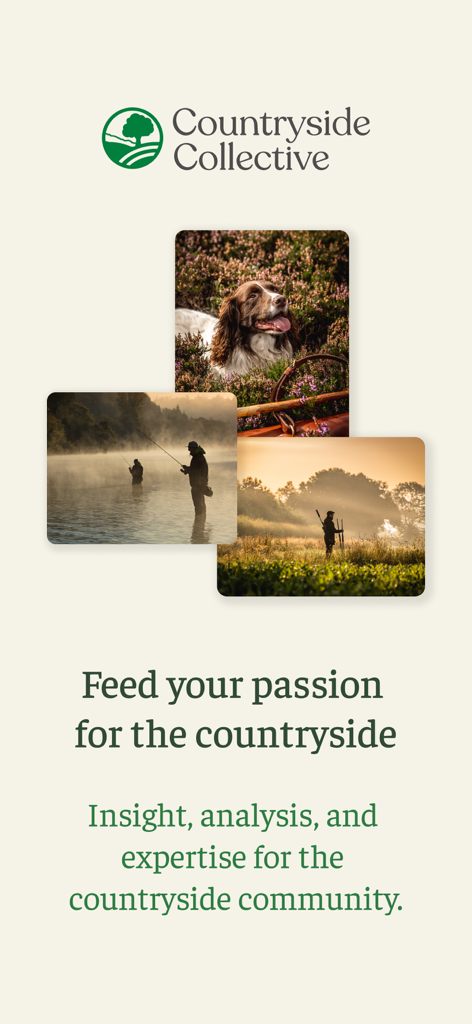 Scribehound app screen for the Countryside Collective featuring images of a dog, fishing, and rural landscapes