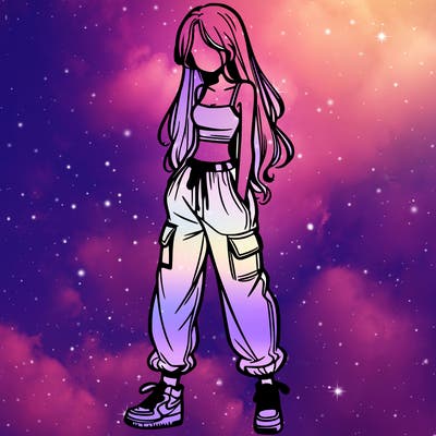 girl in baggy pants crop top and long hair