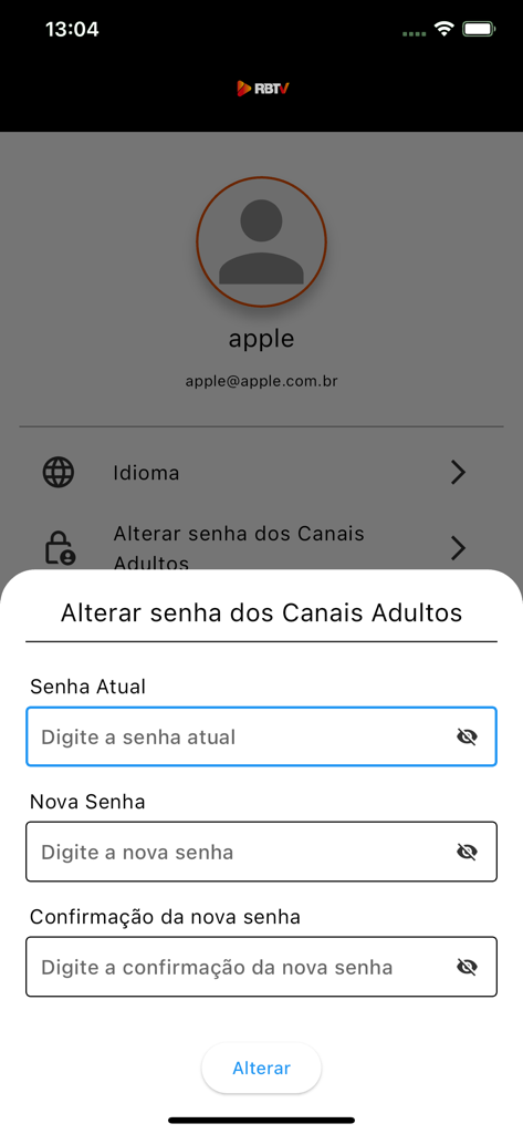 RBTV - Schermata dell'app RBTV che mostra un popup per cambiare la password dei canali per adulti in portoghese
