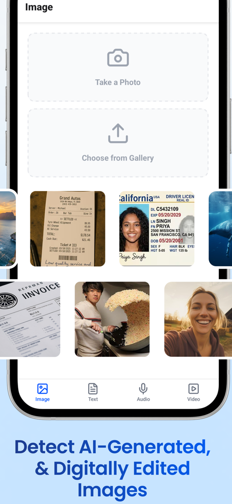 TruthScan app interface showing options to take a photo or choose from gallery to detect AI generated and digitally edited images