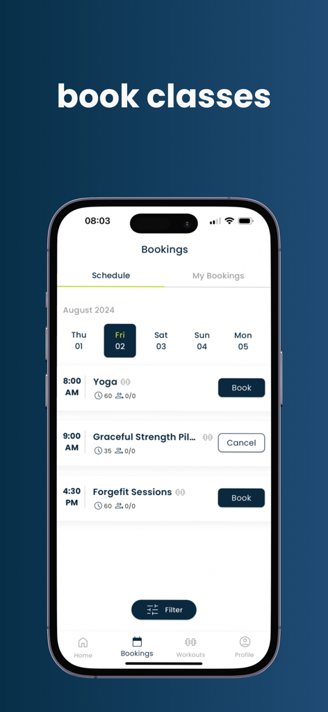 Itensity - Pantalla de smartphone que muestra la interfaz de reserva de la aplicación Itensity con un horario de clases de yoga y pilates.