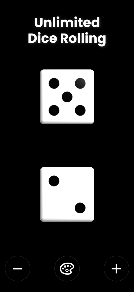 A screenshot of Dice Roller Pro app showing two six sided white dice on a black background
