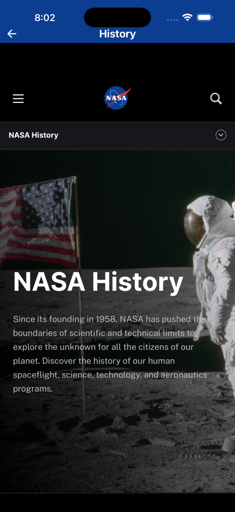 mySpaceHub - A screenshot of the NASA History section in the mySpaceHub app featuring an astronaut on the moon