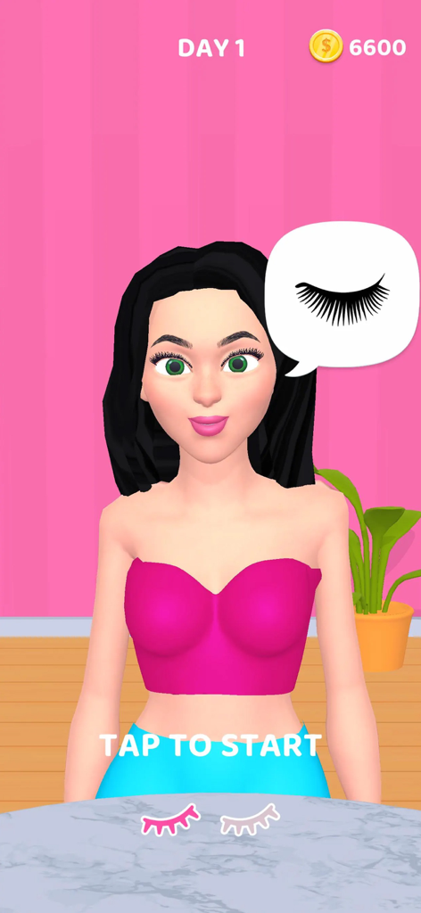 Lash Salon - Eine Kundenfigur im Wimpernstudio-Handyspiel, bereit für ein Wimpern-Makeover