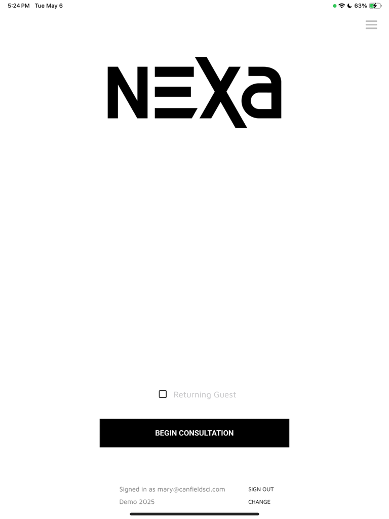 NEXA by Canfield home screen featuring the begin consultation button