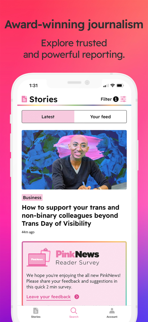 PinkNews app interface displaying a news story about supporting transgender and non-binary colleagues