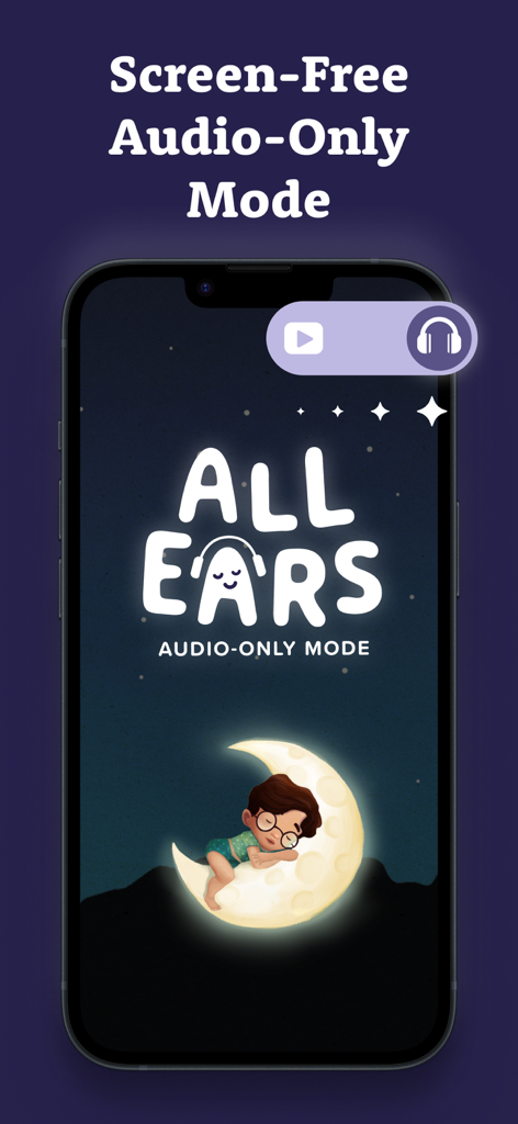 Screenshot dell'app Vooks che mostra la modalità audio-only senza schermo per le storie per bambini.
