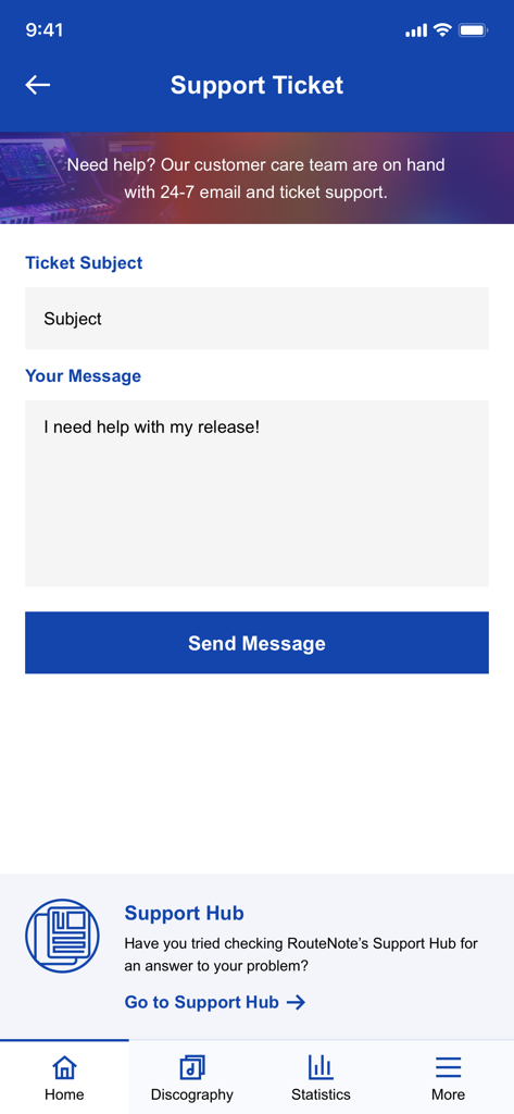 RouteNote - Pantalla de envío de tickets de soporte en la aplicación móvil RouteNote.