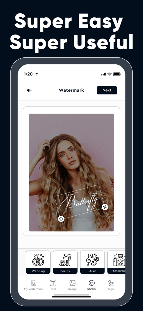 Watermark Maker & Creator Pro - Mobile app interface showing a custom butterfly script watermark being applied to a portrait of a woman.