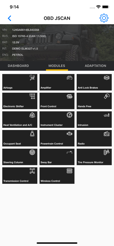 Interface of the OBD JScan app displaying a list of accessible vehicle modules for diagnostic testing including Airbags and ABS