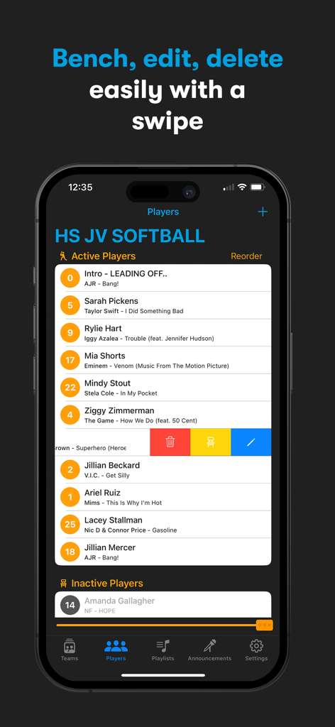 Next Batter Up: Walk-Up Music - Managing a youth softball team lineup using swipe gestures to bench, edit, or delete players in the Next Batter Up app