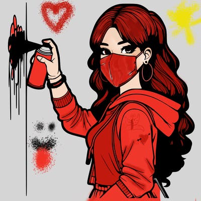 realistic girl with mask spray painting a wall