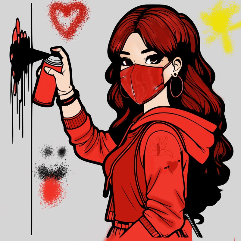 realistic girl with mask spray painting a wall