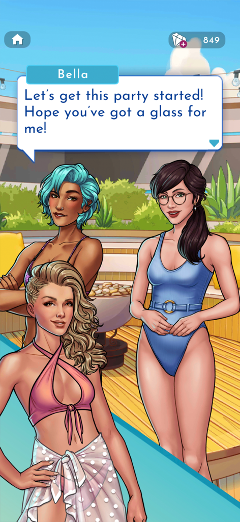 Three female characters in swimsuits talking by a pool in the Love Villa mobile game