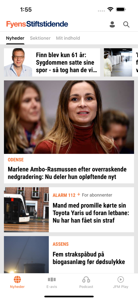 Fyens Stiftstidende - Fyens Stiftstidende mobile app interface showing local news headlines from Odense and Funen with navigation for e-paper and podcasts