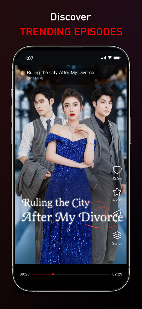 RadReel mobile app interface showing a trending short drama series on a smartphone screen