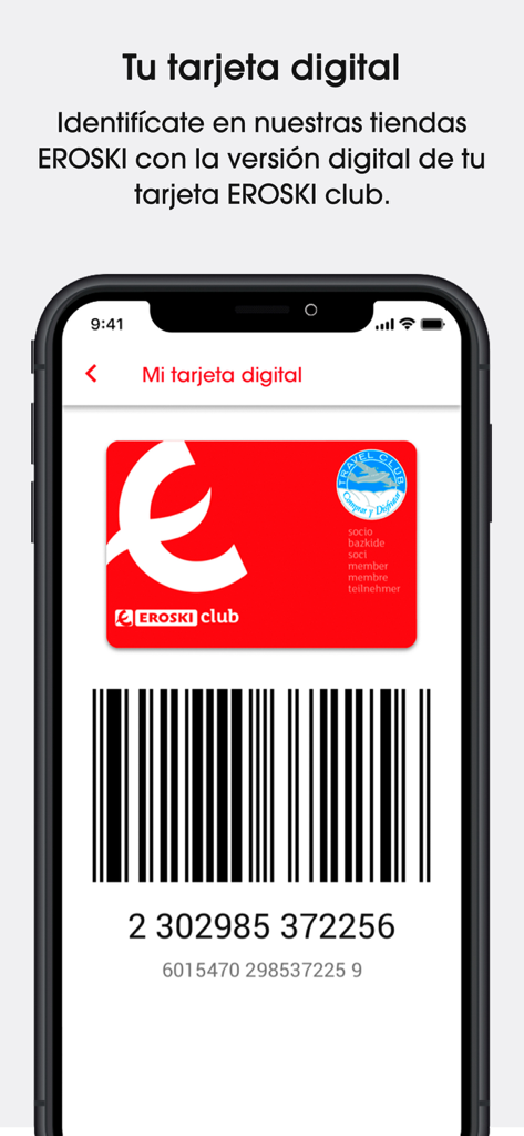 Cartão de sócio digital e código de barras da aplicação Eroski num ecrã de smartphone