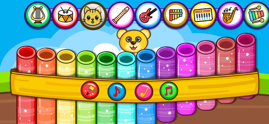 Piano Kids - Music & Songs NEW - Colorful pan flute game interface with a cartoon bear in Piano Kids music app