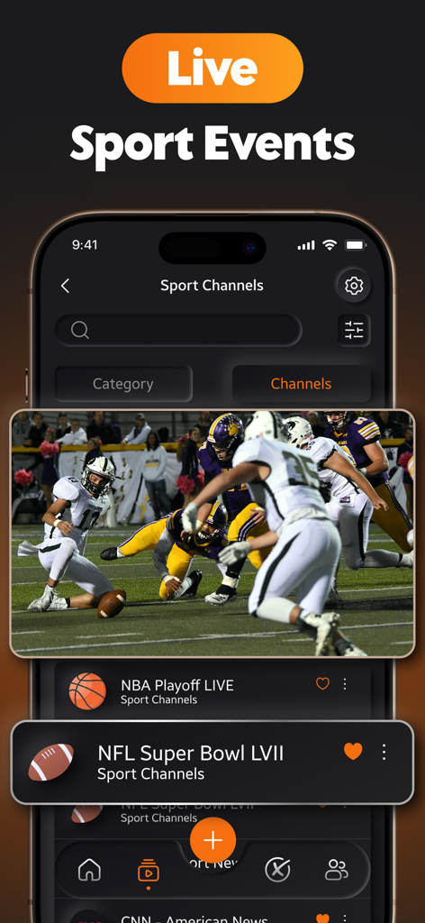 Smart IPTV Player - Online TV - Smart IPTV Player app interface showing live sports streaming and a list of sports channels like NFL and NBA