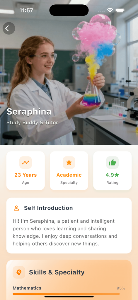 Kisk - Fun Chat - Profile page for Seraphina, an AI study buddy and academic tutor in the Kisk app, featuring her statistics, self-introduction, and math skills.