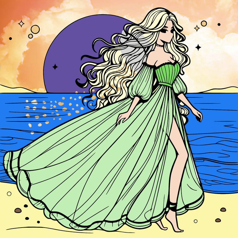 beautiful woman with a vaporous long dress walking on the beach at the noon, detailed art