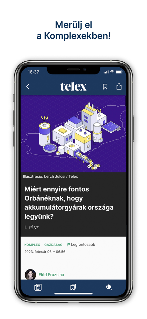 A mobile screenshot of the Telex news app featuring a deep-dive investigative article about battery factories in Hungary with an isometric industrial illustration.