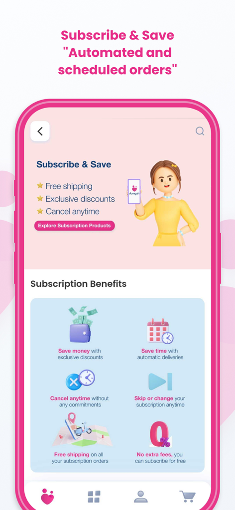 Dumyah - Online Shopping - Dumyah app screen showcasing subscribe and save benefits including automated orders and exclusive discounts