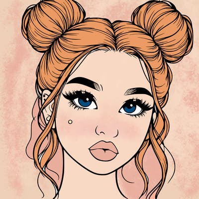 realistic girl with two buns on her hair and lips