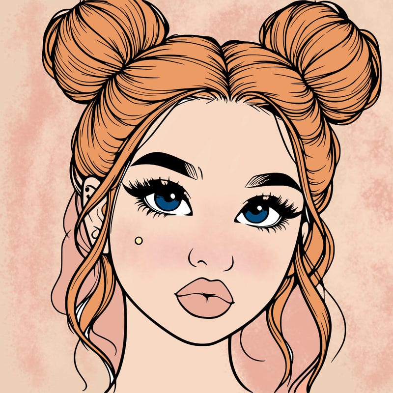realistic girl with two buns on her hair and lips