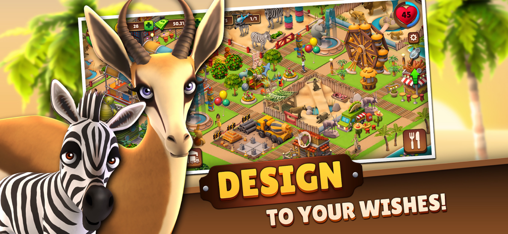 Zoo Life: Animal Park Game - Una colorida pantalla de juego de simulación de zoológico con una gacela y una cebra, mostrando diseños de parques personalizados y recintos de animales